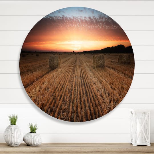 Designart - Landscape With A Field Full of Hay Bales At Sunset